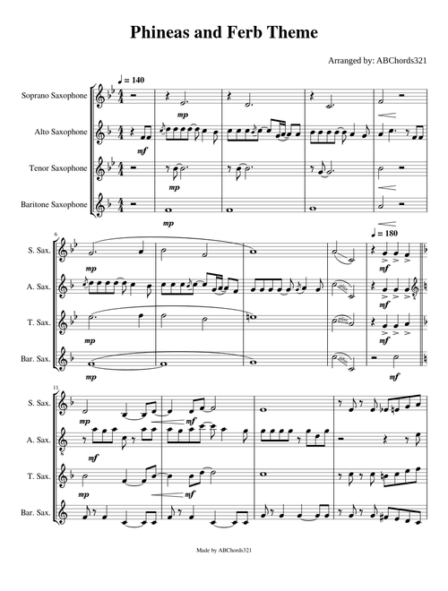 Phineas and ferb theme – Bowling for Soup for Sax Quartet