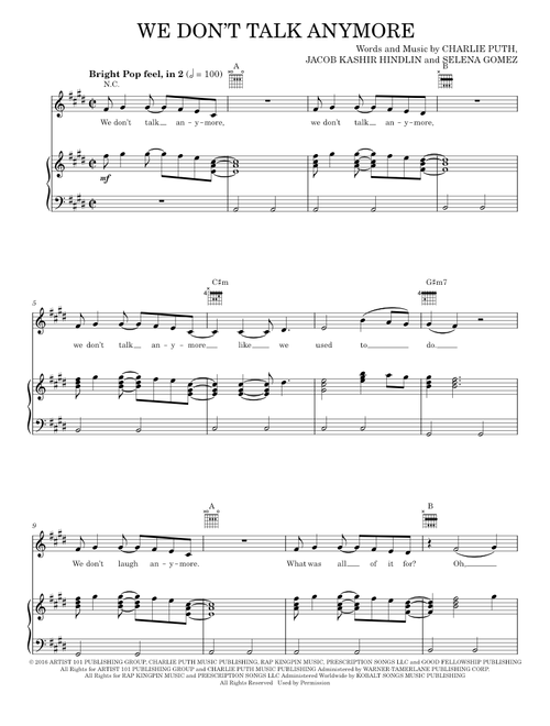 We Don't Talk Anymore - Charlie Puth, Charlie Puth feat. Selena Gomez, Selena Gomez (Piano-Vocal-Guitar)