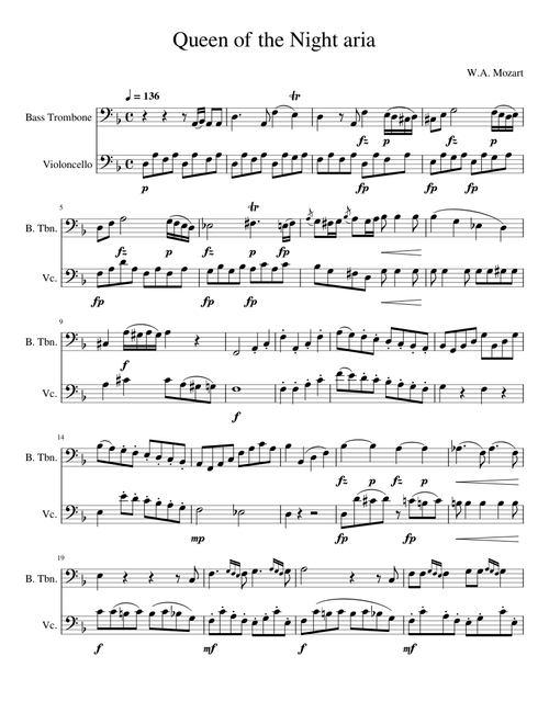 Queen Of The Night Aria – Wolfgang Amadeus Mozart Queen of the Night aria for bass trombone with cello accompaniment