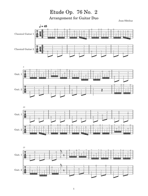 Etude in a minor op76 no2 – Jean Sibelius for guitar duo (tab)
