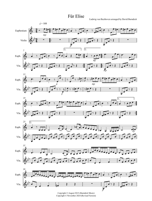 Fur Elise for Euphonium and Violin Duet (Arr. David Burndrett) - Ludwig Van Beethoven (Instrumental Duet)