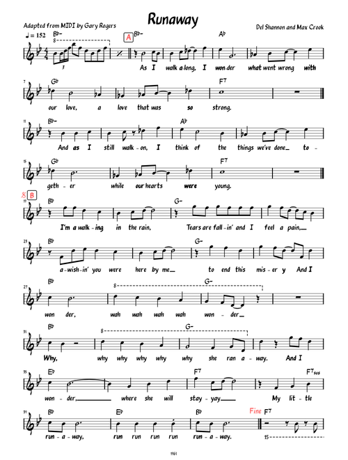 Runaway (Del Shannon) (Lead sheet with lyrics and accompaniment )
