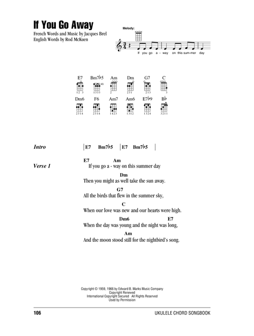 If You Go Away - Jacques Brel, Rod McKuen (Ukulele Chords-Lyrics)