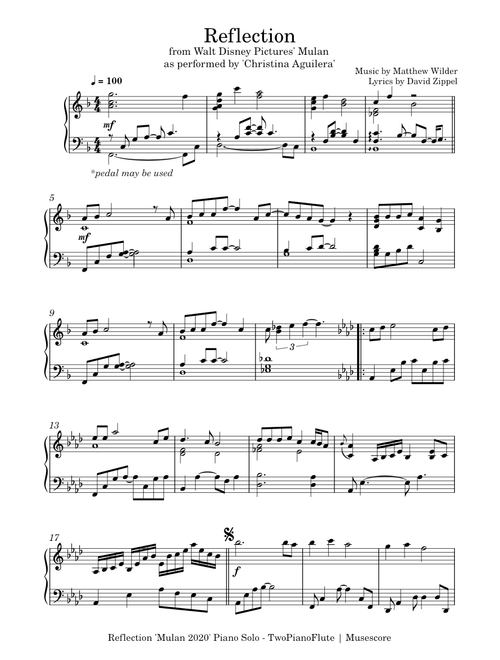 Reflection Mulan 2020 - Piano Solo - Free Sheet