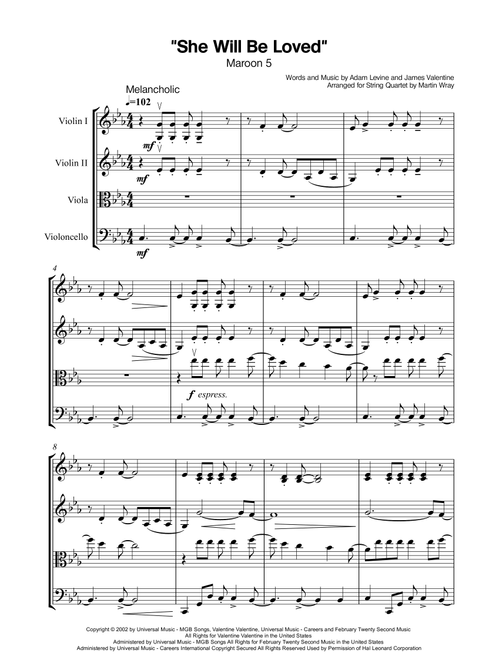 She Will Be Loved (Arr. Martin Wray) - Maroon5 (String Quartet)
