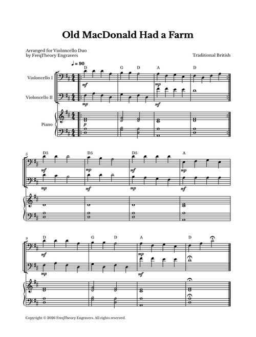 Old MacDonald Had a Farm - For Cello Duet (Arr. FreqTheory Engravers) - Traditional British (Cello Duet)