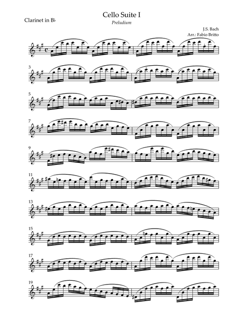 Preludium (from Cello Suite no.1 - J. S. Bach) for Clarinet in Bb Solo (Arr. Fabio Britto) - Johann Sebastian Bach (Clarinet Solo)