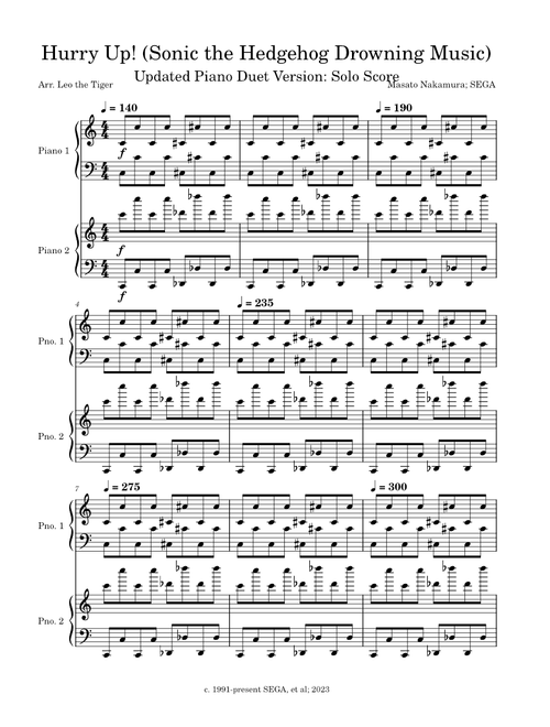 Piano Duet (Solo Score): Hurry Up! (Sonic the Hedgehog Drowning Music) - Masato Nakamura