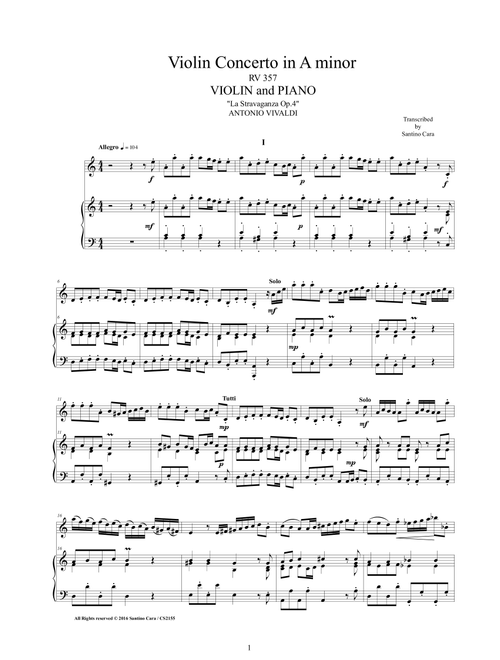 Vivaldi - Violin Concerto in A minor RV 357 Op.4 No.4 for Violin and Piano (Arr. Santino Cara) - Vivaldi Antonio (Violin and Piano)