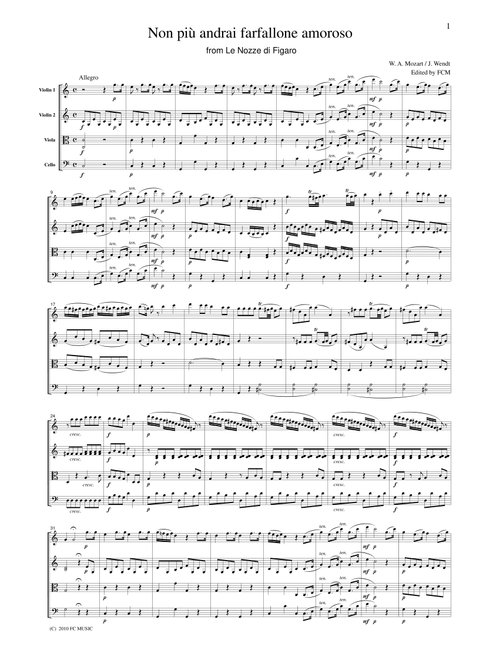 Mozart Non piuandrai farfallone amoroso from Le Nozze di Figaro, for string quartet, CM024 (Arr. FCMUSIC) (String Quartet)