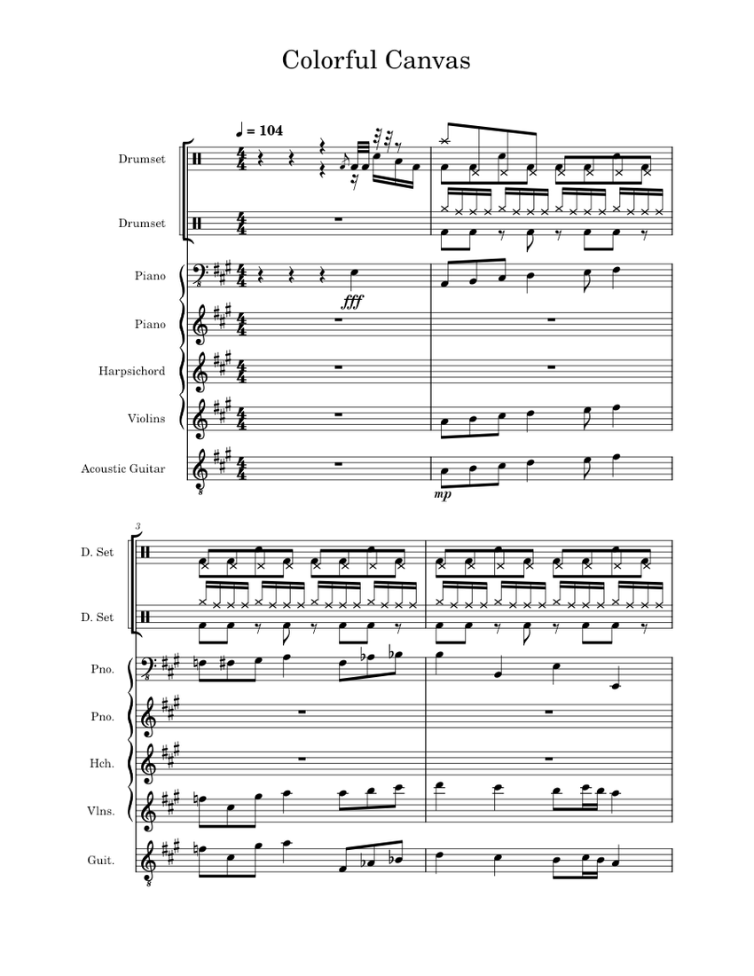 Colorful Partiture Colorful Canvas Sheet Music for Piano, Harpsichord, Guitar, Drum group ...