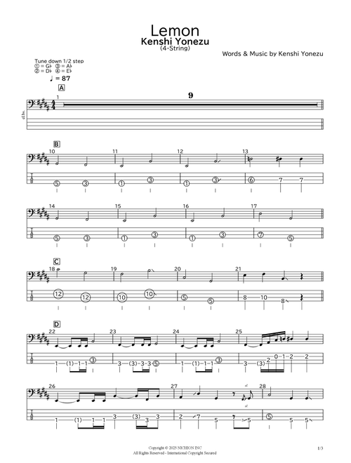 Lemon (Arr. bassscore.masspro) - Kenshi Yonezu (Bass Tab)