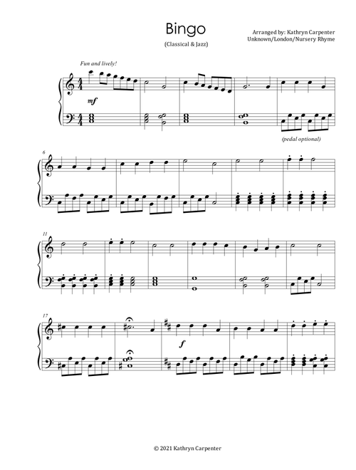 Bingo (Classical & Jazz) (Arr. Kathryn Carpenter) - Unknown, Nursery rhyme, London (Piano Solo)