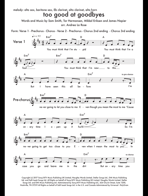 Too Good At Goodbyes (Arr. Andrea La Rose) - Sam Smith (Woodwind Ensemble)