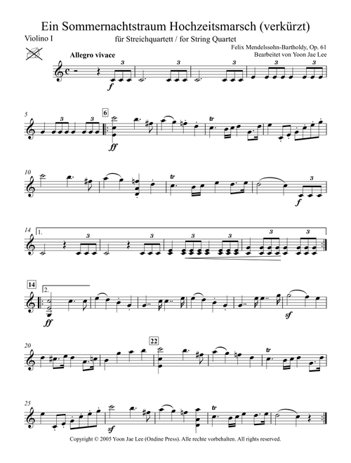 A Midsummer Night's Dream Wedding March (abridged) for String Quartet, Op. 61 - Set of Parts (Arr. Yoon Jae Lee) - Felix Mendelssohn (String Quartet)