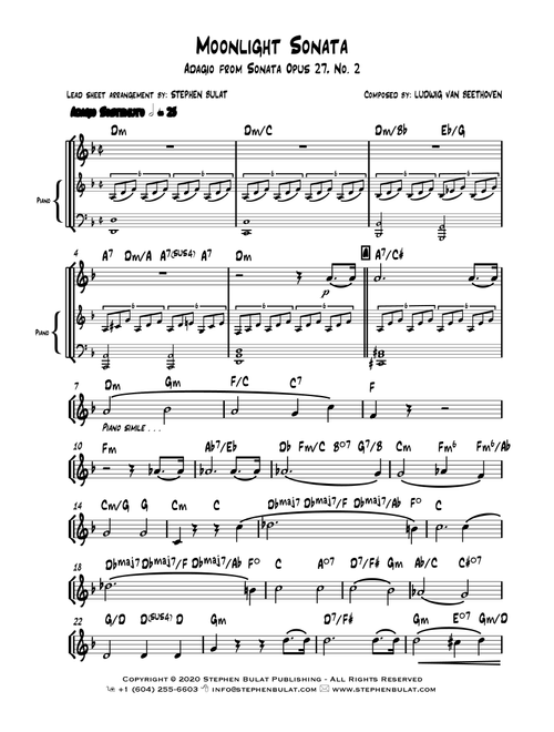 Moonlight Sonata - Adagio from Sonata Opus 27 No. 2 (Beethoven) - Lead sheet (key of D minor) (Arr. Stephen Bulat) - Ludwig van Beethoven (Large Ensemble)