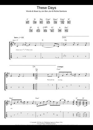 These Days - JON BON JOVI Sheet Music for Piano, Synthesizer