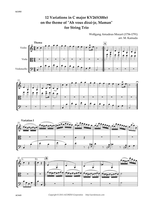 12 Variations in C major KV265(300e) on the theme of "Ah vous dirai-je, Maman" for String Trio (Arr. Mikio Kamada) - Wolfgang Amadeus Mozart (1756-1791) (String Ensemble)
