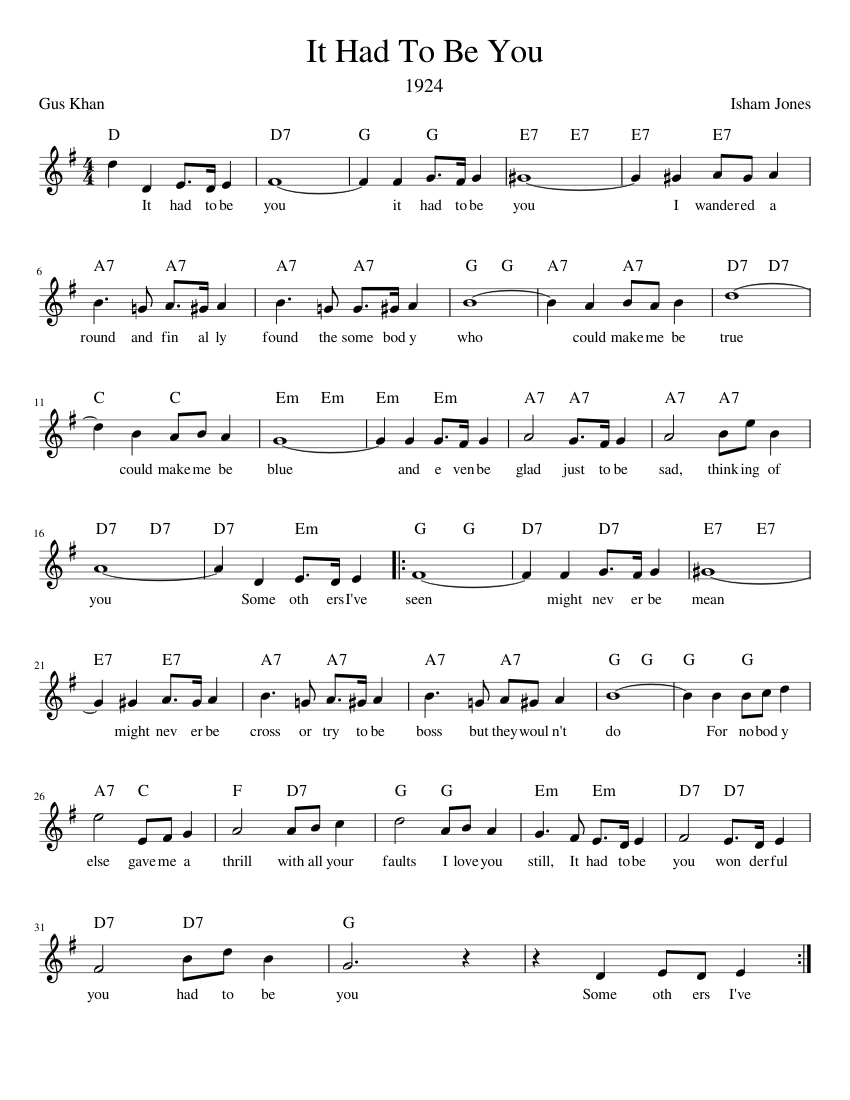 It Had To Be You – Isham Jones Sheet music for Piano (Solo) | Musescore.com