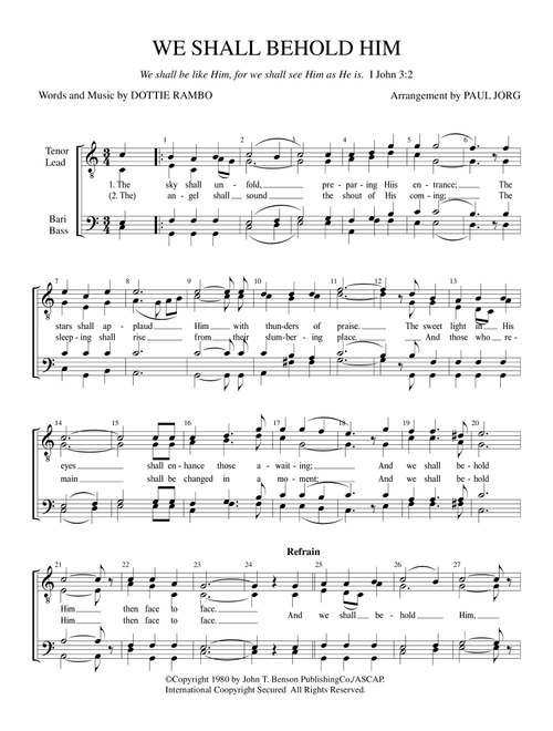 We Shall Behold Him (Arr. Paul A. Jorg) - Dottie Rambo (Choral, TTBB)
