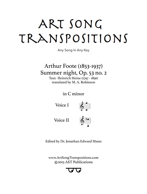 FOOTE: Summer night, Op. 53 no. 2 (transposed to C minor) (Arr. ArtSongTranspositions.com) - Arthur Foote (Vocal Duet)