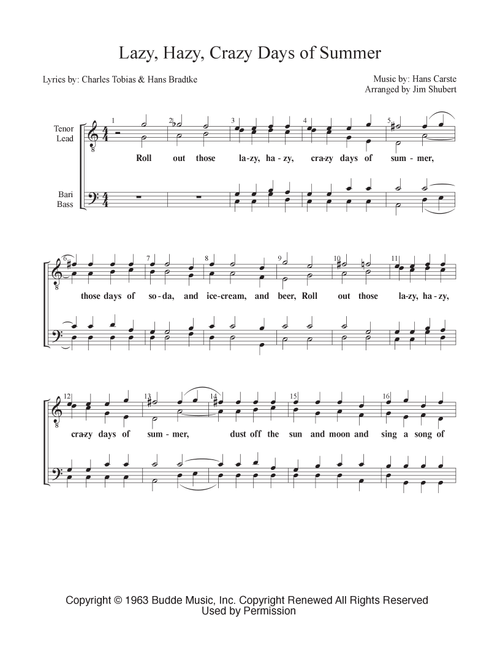 Those Lazy-Hazy-Crazy Days Of Summer (Arr. Jim Shubert) - Hans Bradtke, Charles Tobias, Hans Carste (Choral, TTBB)