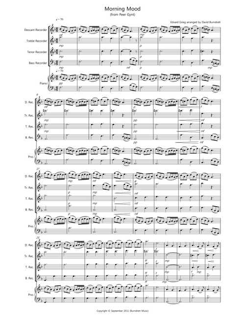 Morning Mood (from Peer Gynt) for Recorder Quartet (Arr. David Burndrett) - Edvard Grieg (Recorder Solo)
