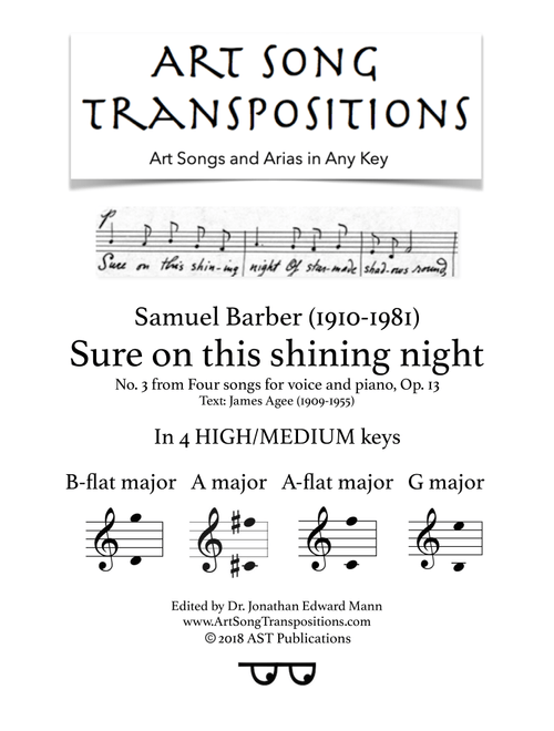 Sure On This Shining Night, Op. 13, No. 13 (Arr. ArtSongTranspositions.com) - Samuel Barber (Piano Vocal)
