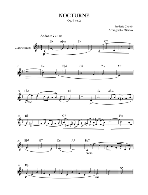 Chopin Nocturne op. 9 no. 2 | Clarinet in Bb | E-flat Major | Chords | Easy beginner (Arr. Milanov) - Frédéric Chopin (Clarinet Solo)