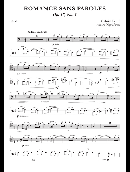 Romances Sans Paroles Op. 17, No. 3 for Cello and Piano (Arr. Diego Marani) - Gabriel Fauré (Cello and Piano)