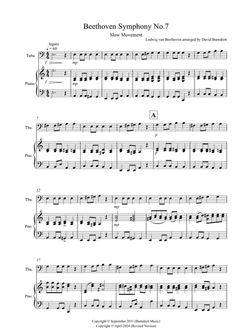 Beethoven Symphony No.7 (slow movement) for Tuba and Piano (Arr. David Burndrett) - Ludwig van Beethoven (Tuba and Piano)