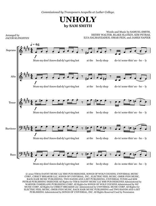 Unholy (Arr. Jacob Klingsten) - Sam Smith Feat Kim Petras (Choral, SATB divisi)
