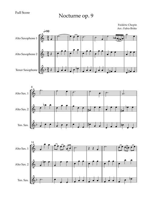 Nocturne Op.9 No. 2 (Frédéric Chopin) for Saxophone Trio (Arr. Fabio Britto) (Woodwind Ensemble)