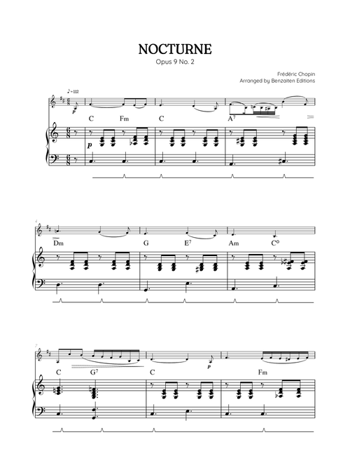 Chopin • Nocturne Opus 9 No. 2 | trumpet sheet music w/ piano accompaniment (chords) (Arr. Benzaiten Editions) - Frédéric Chopin (Trumpet and Piano)