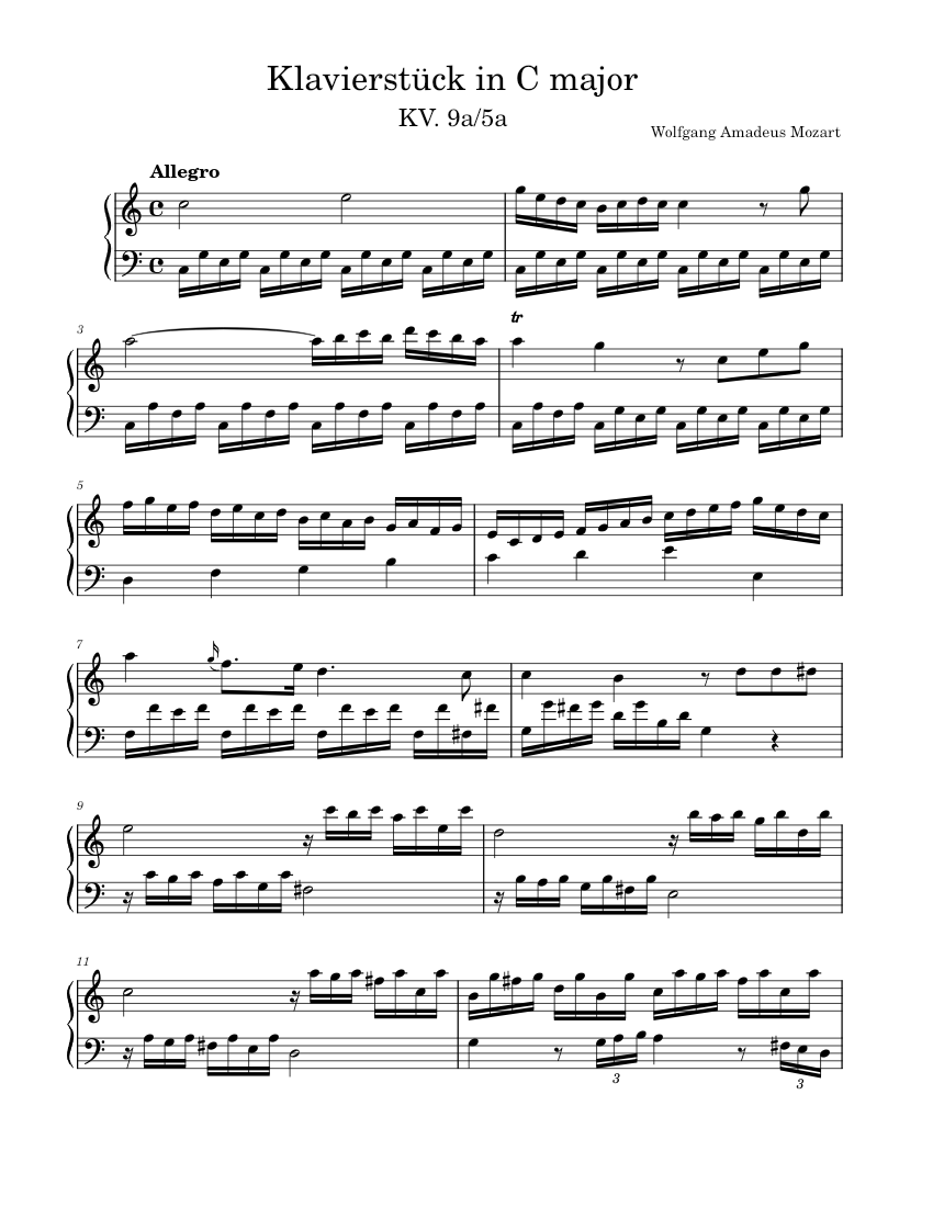 Klavierstück in C major, K. 9a/5a – Wolfgang Amadeus Mozart Sheet