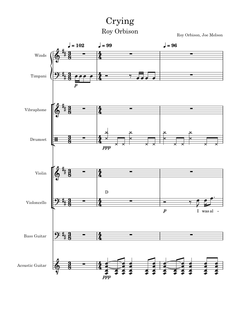 Crying Sheet Music with Chords for Timpani, Vibraphone, Violin, Cello ...