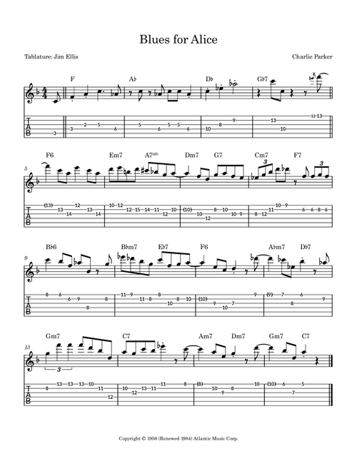 Blues For Alice (Arr. Tablature by Jim Ellis) - Charlie Parker (Guitar Tab)
