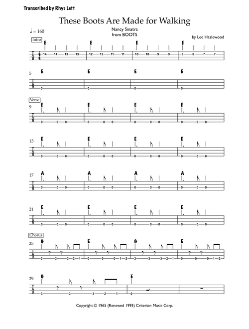 These Boots Are Made For Walkin' (Arr. Rhys Lett) - Nancy Sinatra (Bass Tab)