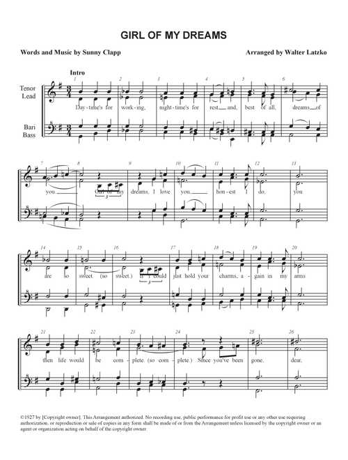 Girl Of My Dreams (Arr. Walter Latzko) - Sunny Clapp (Choral, TTBB)
