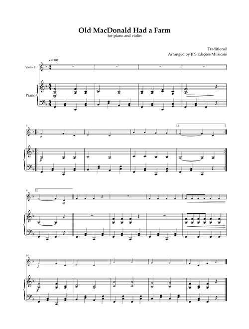 Old MacDonald Had A Farm - Violin and Piano - Easy in F Major (Arr. JPS Edições Musicais) - Thomas D'Urfey (Violin and Piano)