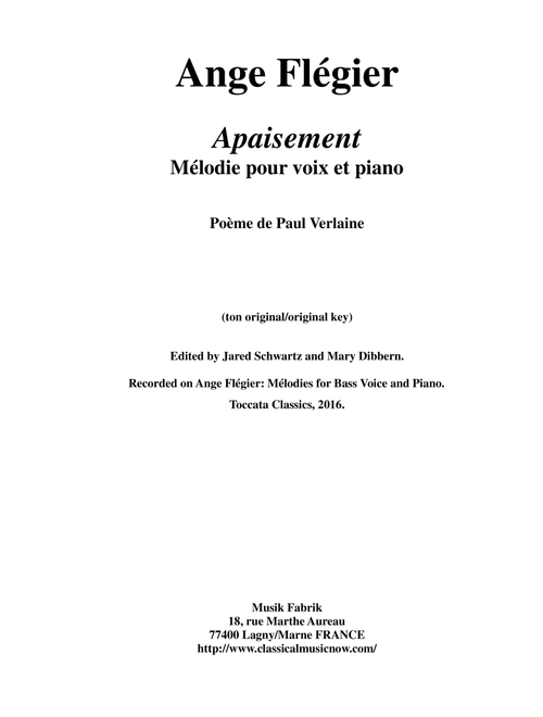 Ange Flégier: Apaisement for medium voice and piano (Small Ensemble)