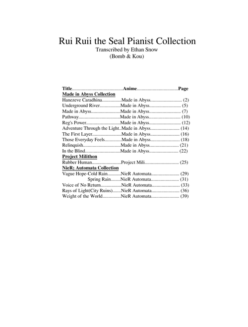 Rui Ruii the Seal Pianist Collections I (16 Scores)
