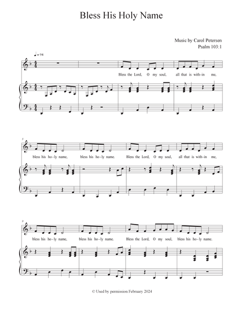 Bless His Holy Name - Carol Petersen (Choral, Unison)