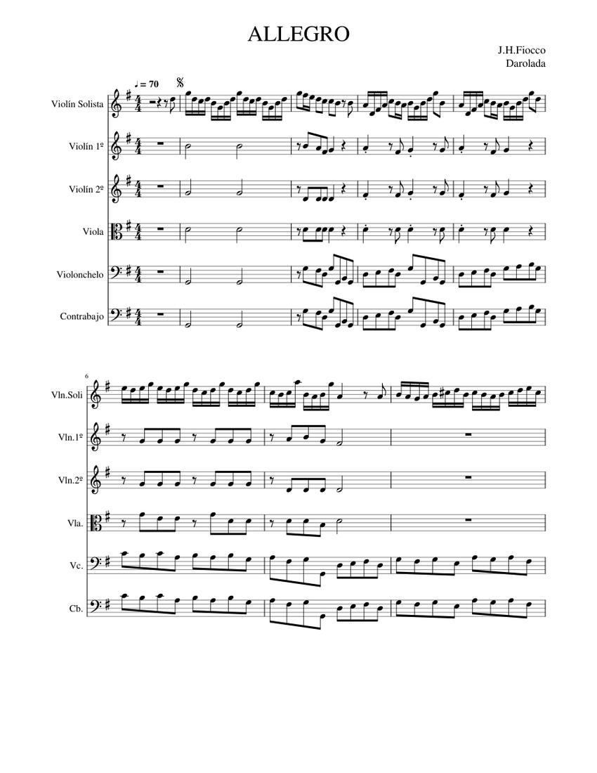 Allegro Fiocco Sheet Music for Contrabass, Violin, Viola, Cello (String ...