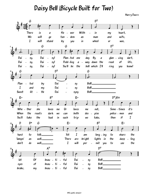Daisy Bell -- Bicycle Built for Two (lead sheet with 3 verses and lyrics )