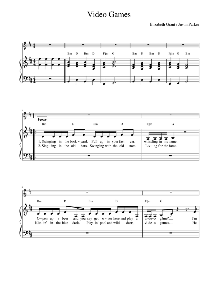 Video Games Sheet Music with Chords for Piano, Vocals (Piano-Voice ...