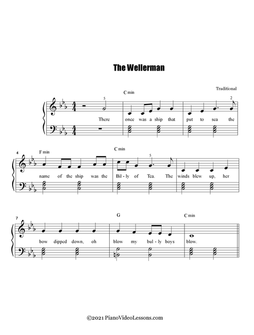 The Wellerman - a Sea Shanty -  Chord Style, TikTok Original Key (Arr. PianoVideoLessons.com) - Traditional Sea Shanty (Piano Solo)