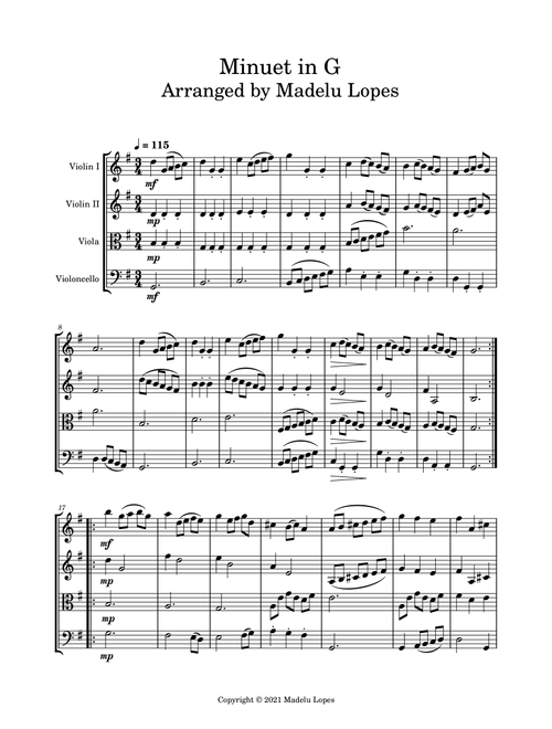 Minuet in G major (Arr. Madelu Lopes) - Johann Sebastian Bach (String Quartet)