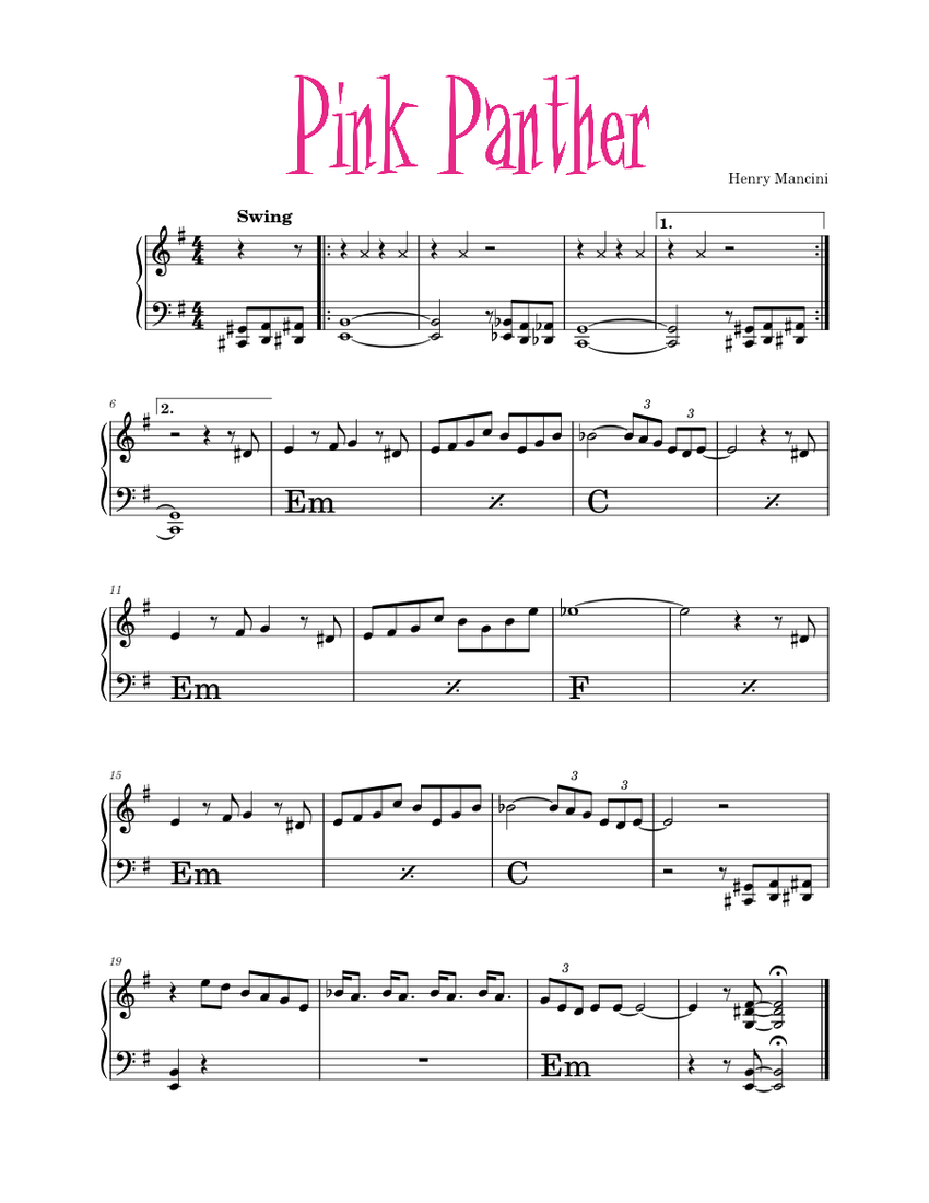 Pink Panther Piano Sheet Music Easy