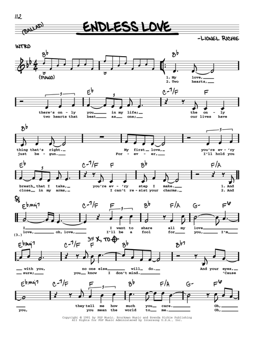 Endless Love - Diana Ross & Lionel Richie, Luther Vandross & Mariah Carey, Lionel Richie feat Shania Twain (Real Book - Melody-Chords)